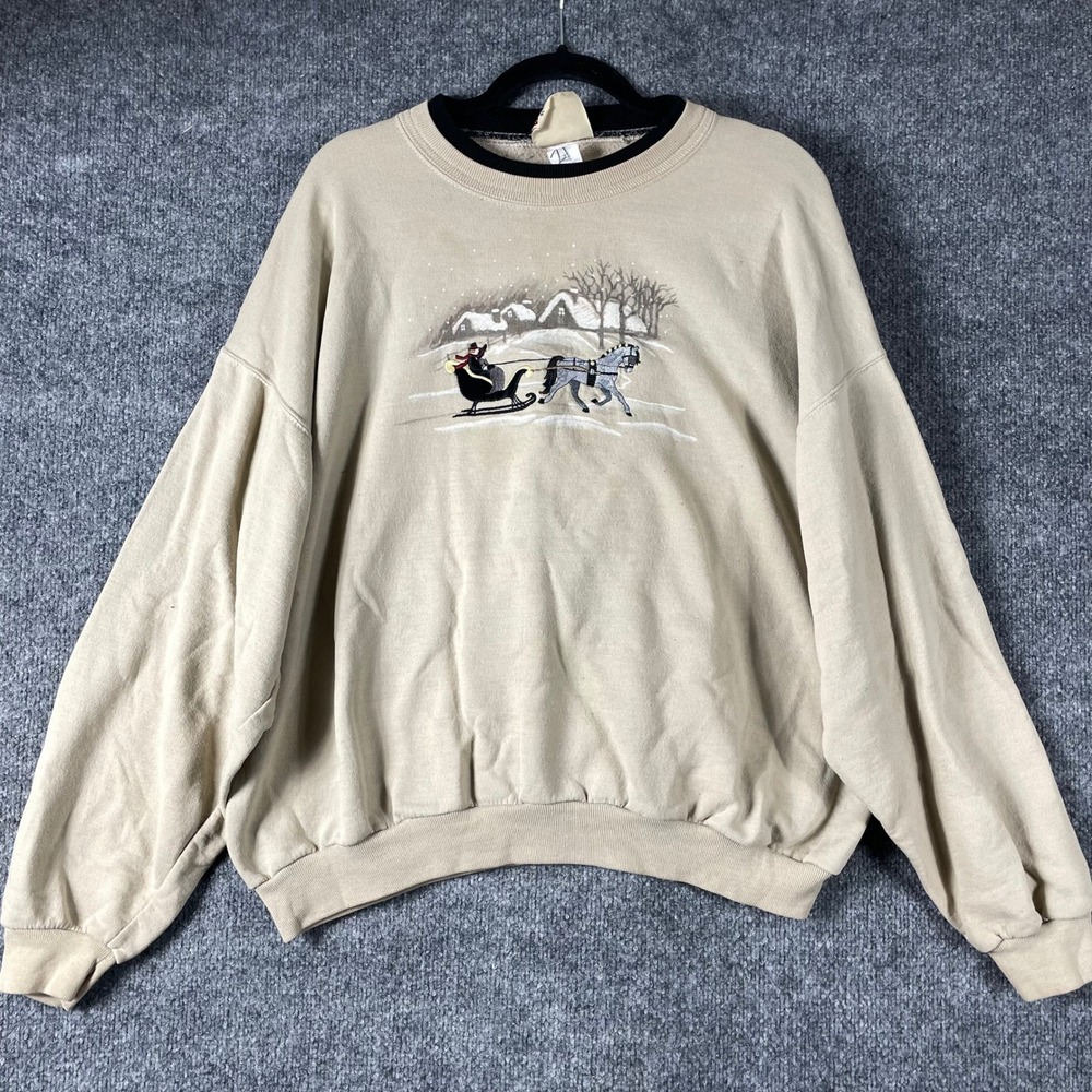 Vintage Top Stitch Sweatshirt Womens XL Tan Horse Sleigh Winter Embroidered 90s